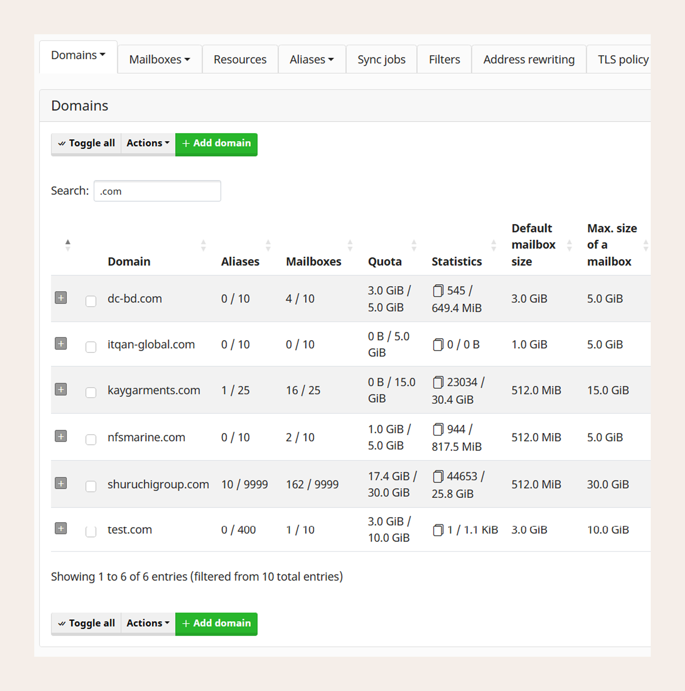 Codexplorer Mail unlimited domains management feature